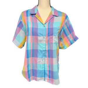 vintage women's sz 12 1980's pastel plaid short sleeve button down shirt